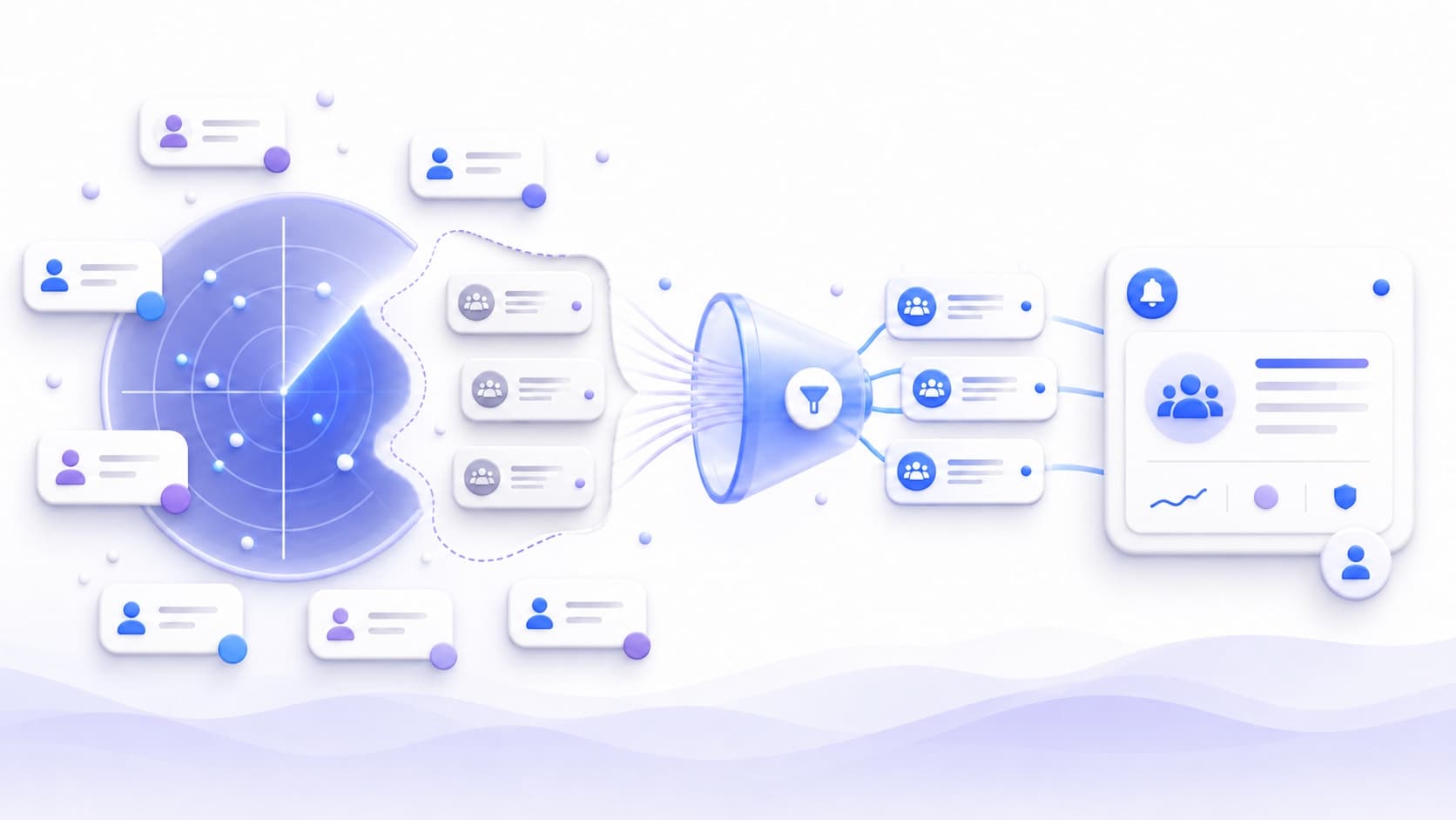 Illustration of a social listening radar blind spot feeding selected Facebook Group posts into a focused alert dashboard
