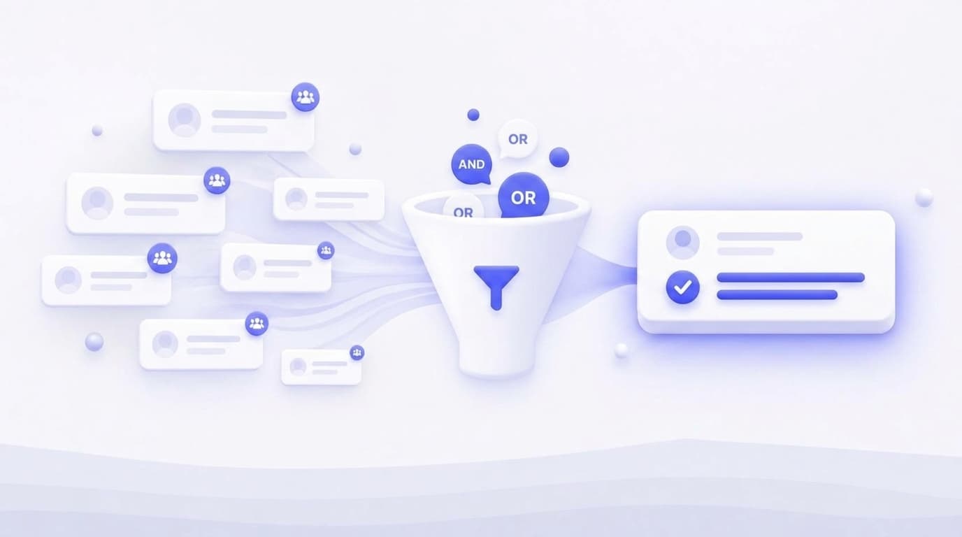 Illustration of keyword filtering and AI intent matching for reviewing Facebook group conversations