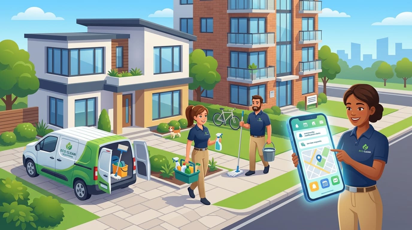 Illustration of a residential and commercial cleaning service owner tracking local home and office turnover requests