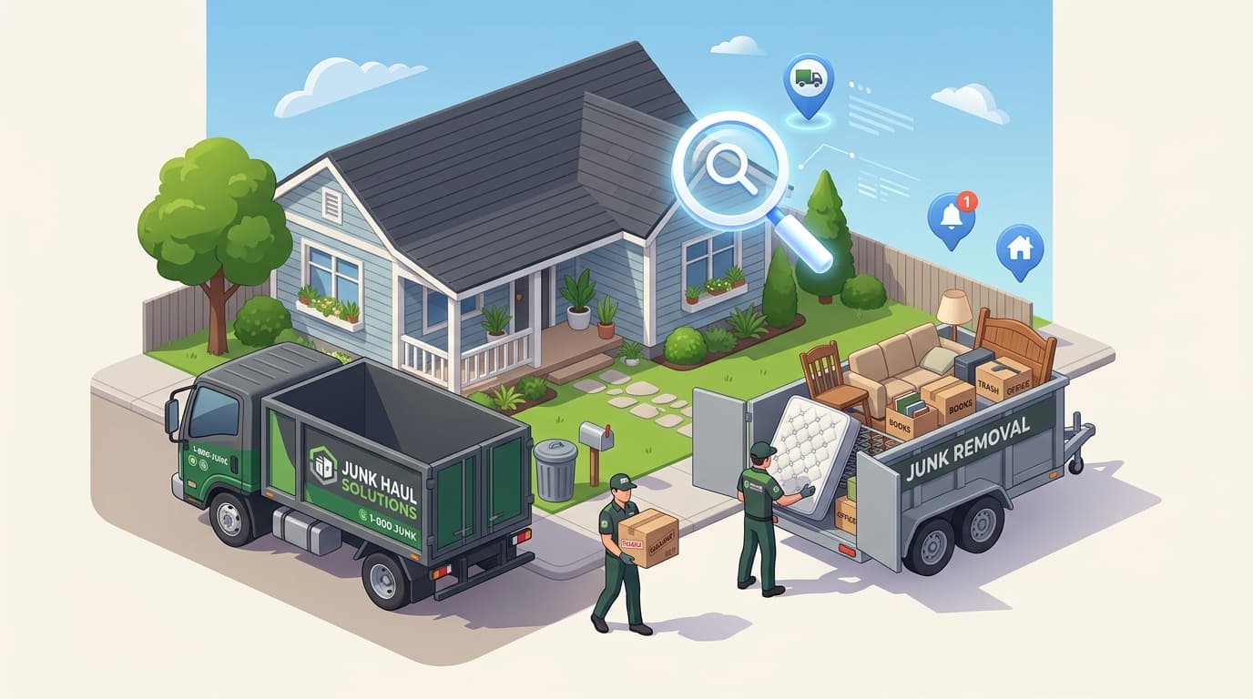 Illustration of a junk removal professional discovering local cleanout requests beside a loaded hauling truck