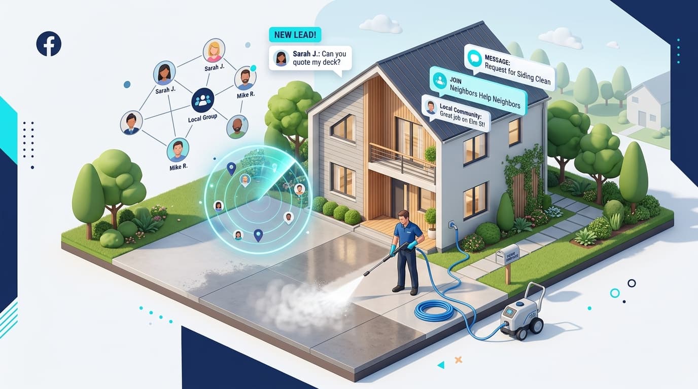 Illustration of a pressure washing contractor reviewing Facebook group homeowner requests for driveway and siding cleaning