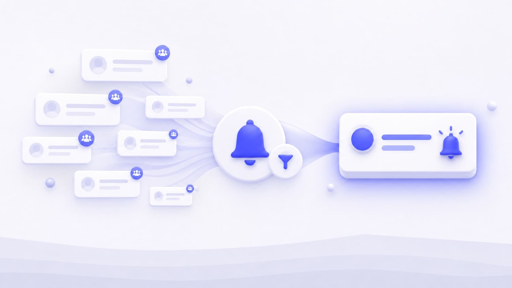 Illustration of Facebook group post cards flowing through a filter into one priority notification