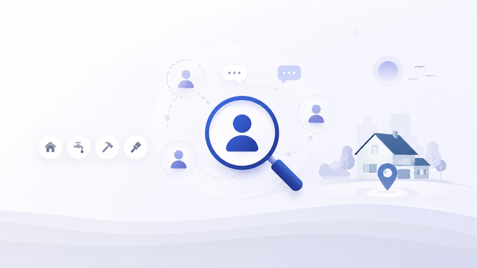 Illustration of local service providers, a home, and a location marker connected around a lead search