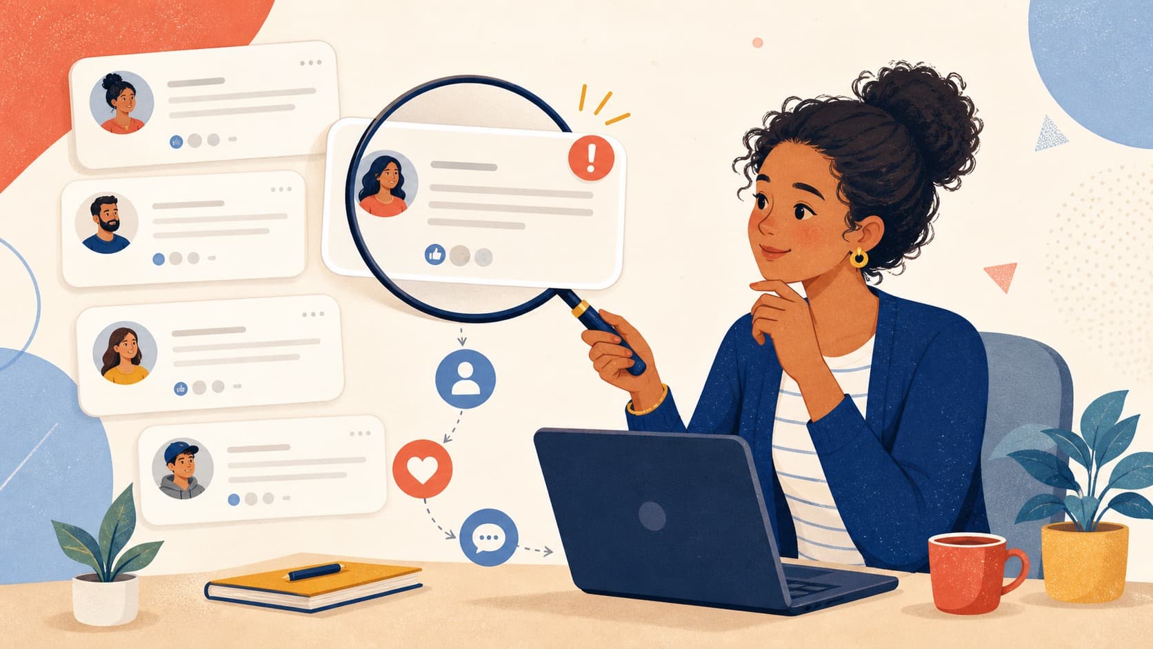 Illustration of reviewing Facebook group requests and identifying suitable customer conversations