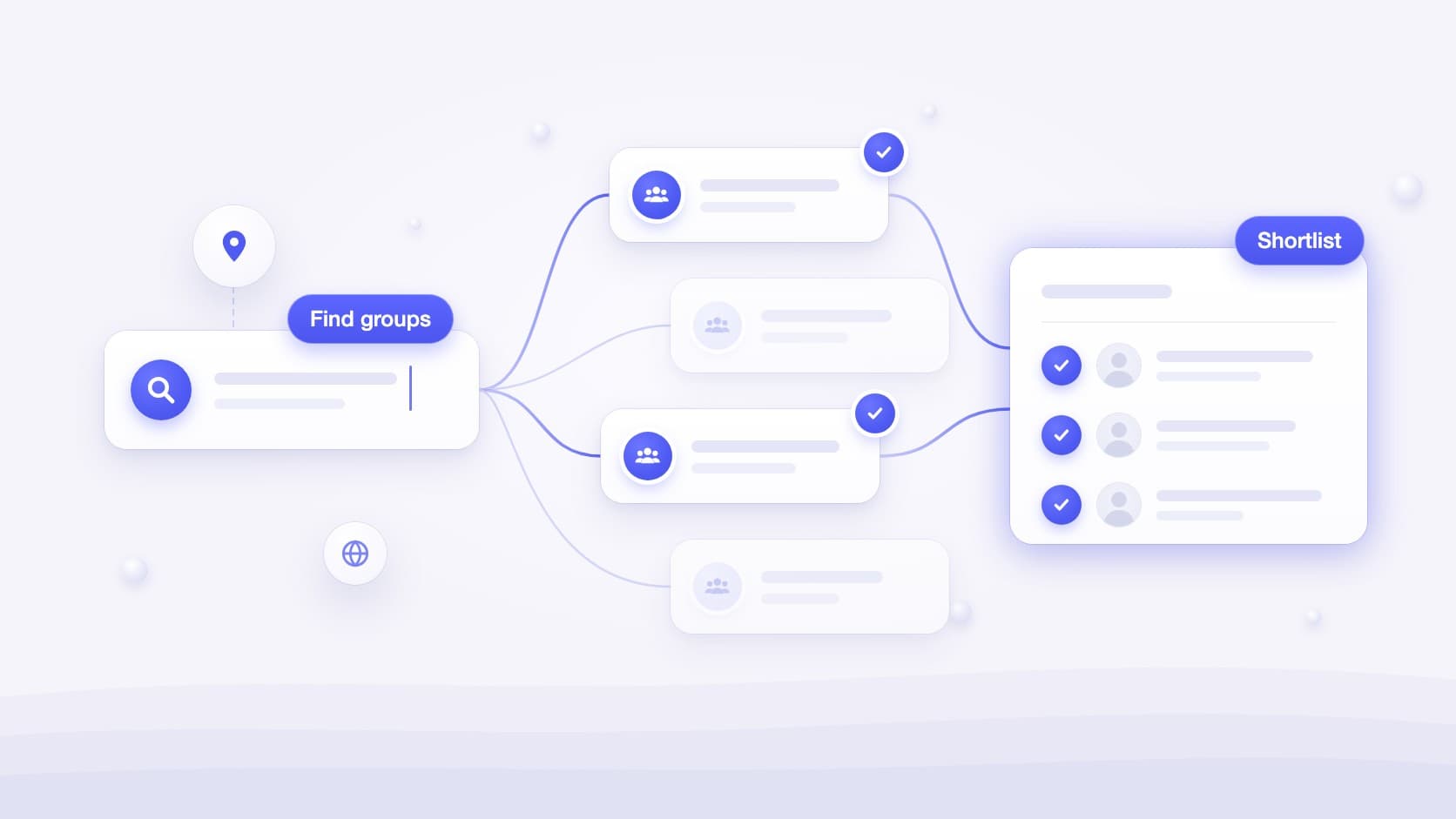 Illustration of selecting and filtering Facebook groups for a relevant business shortlist