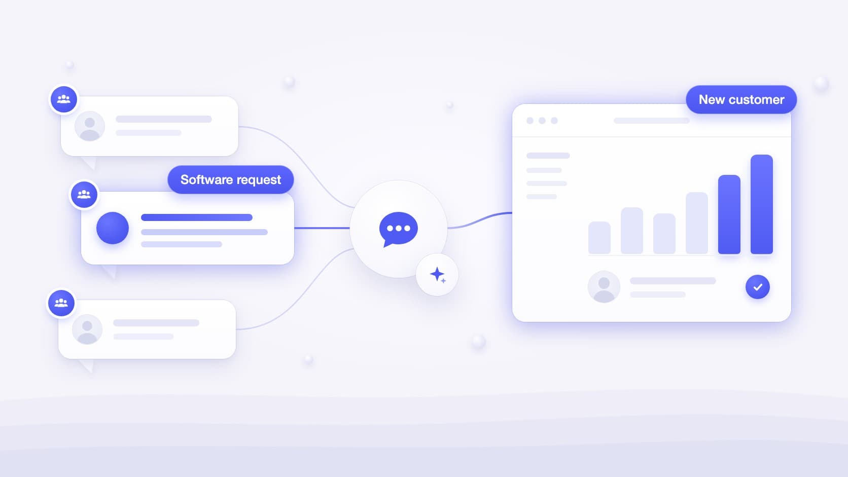 Illustration of a SaaS founder spotting software recommendation requests and workflow pain points in Facebook group posts