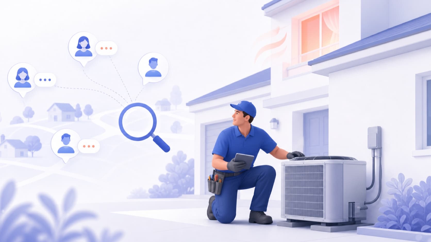 Illustration of an HVAC technician finding local homeowner conversations beside an outdoor air-conditioning unit