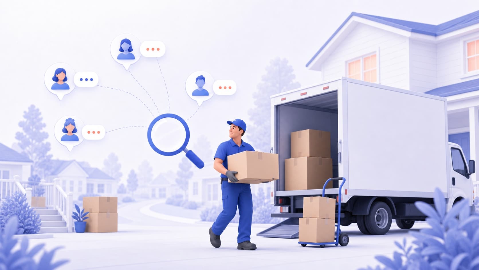 Illustration of a moving professional finding local neighborhood conversations beside a home and moving truck