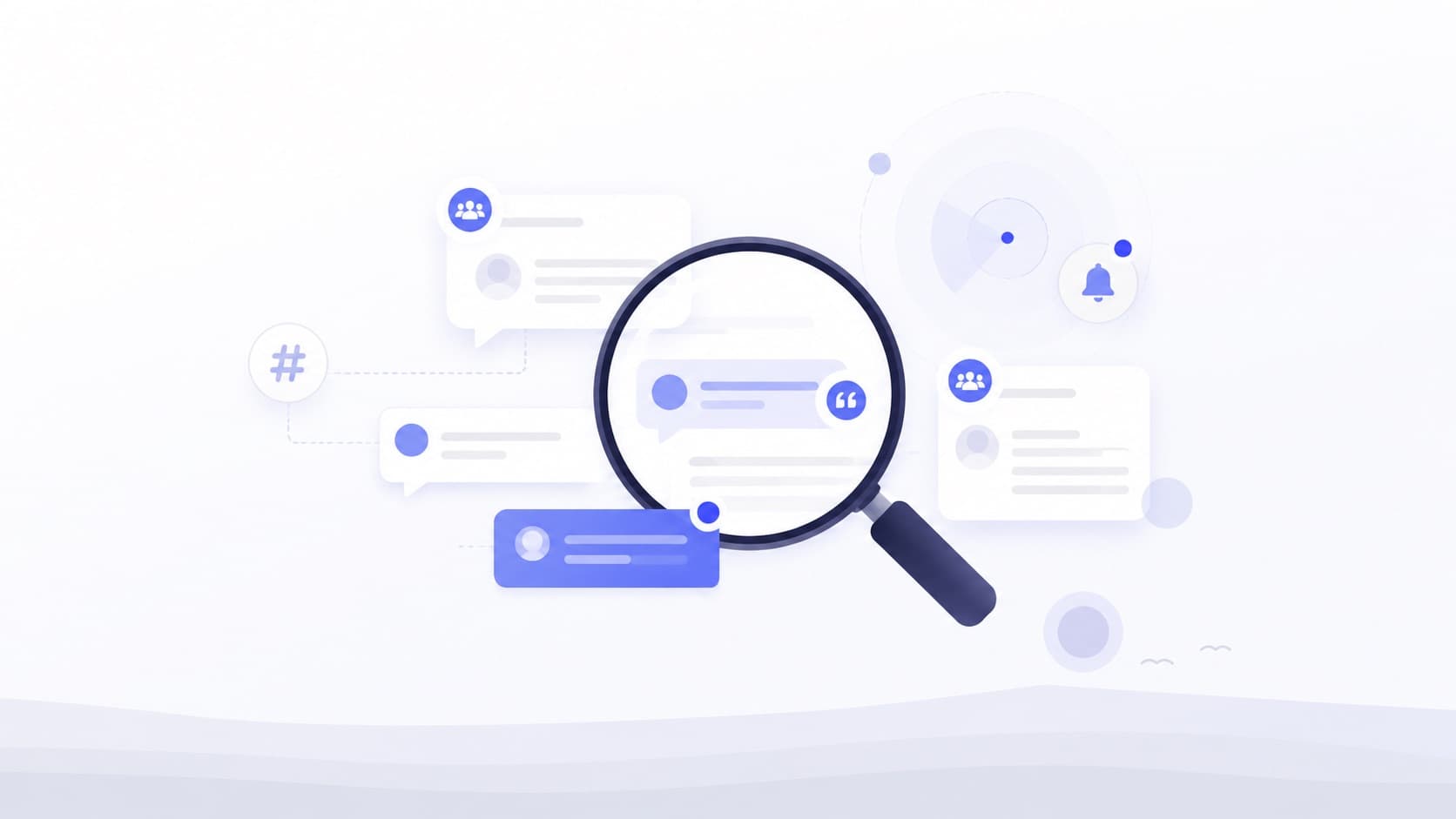 Illustration of a magnifying glass reviewing Facebook group conversations and keyword alerts