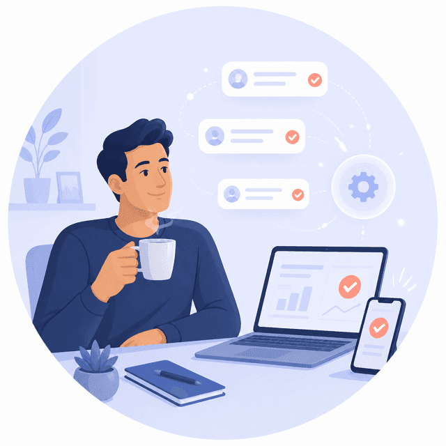 A relaxed professional while automated monitoring finds relevant posts