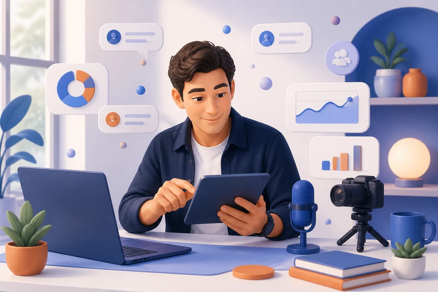 Affiliate marketer reviewing content and analytics in a creator studio