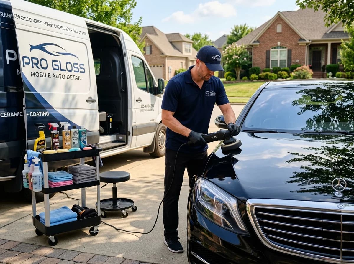 Professional mobile auto detailer polishing a dark sedan in a sunny residential driveway