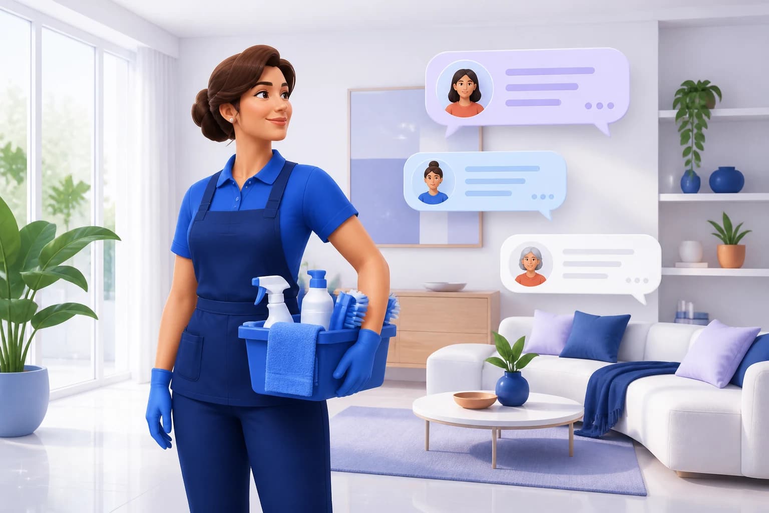 Cleaning company professional carrying supplies in a bright living room