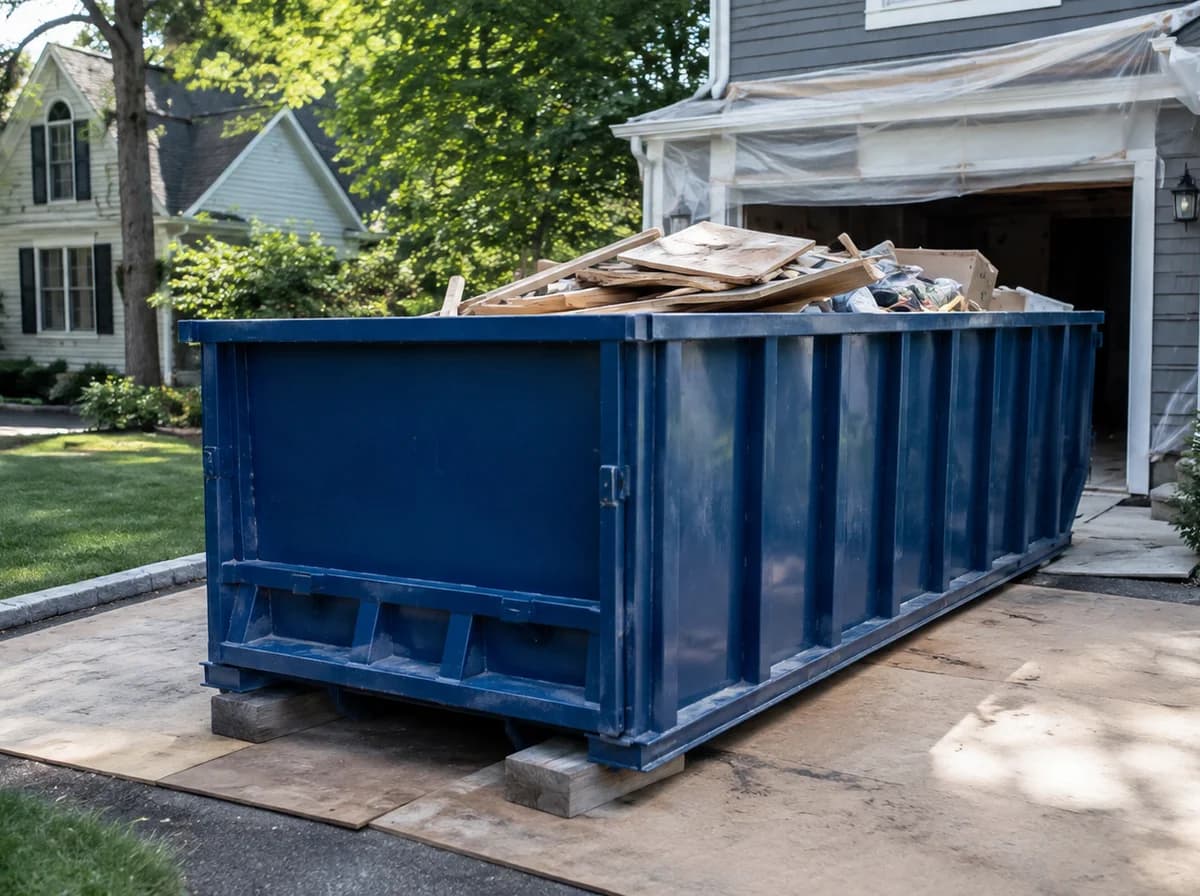 A clean blue roll-off dumpster placed on driveway boards in front of a residential home during a cleanout project