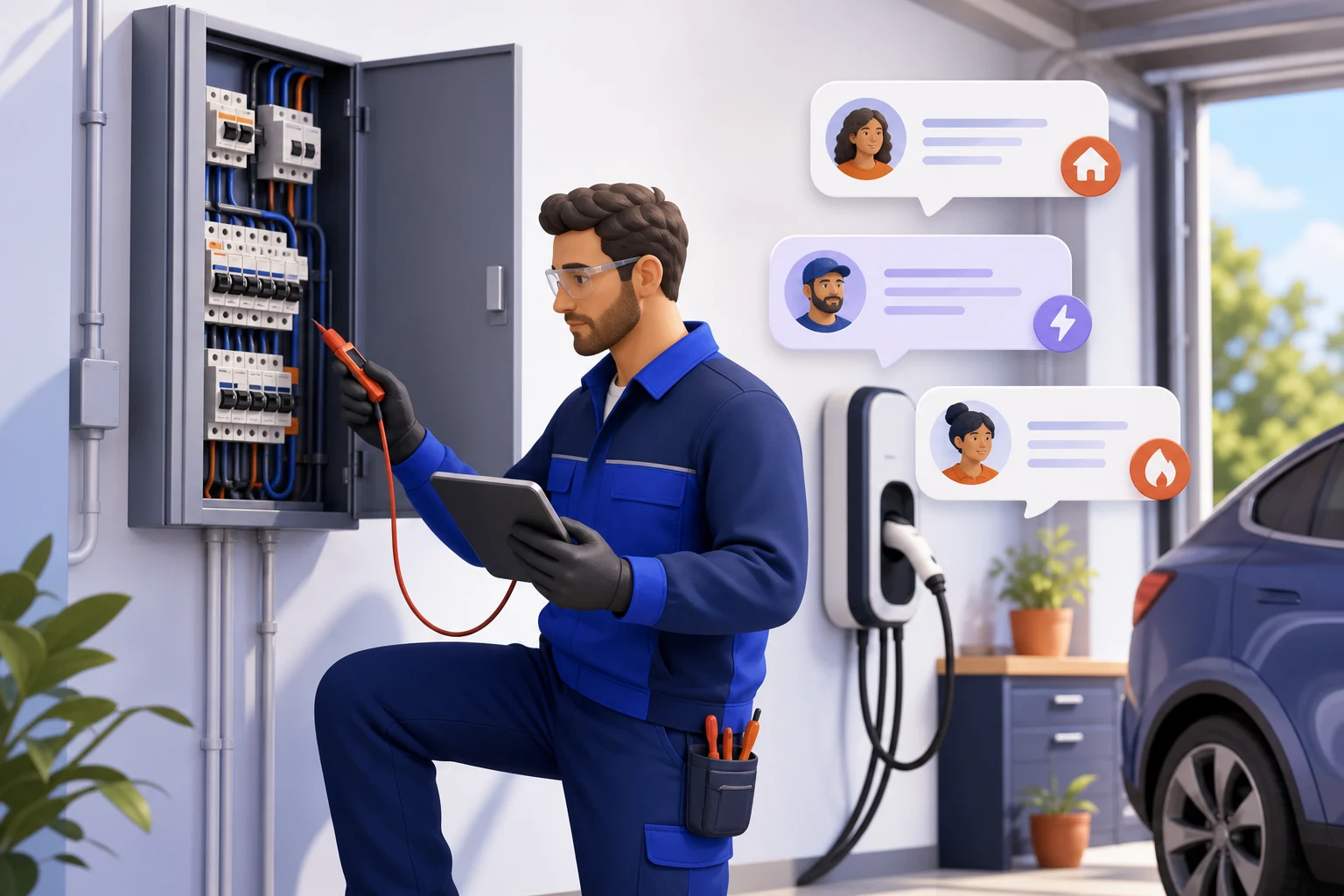Electrician safely testing a modern electrical panel beside an EV charger