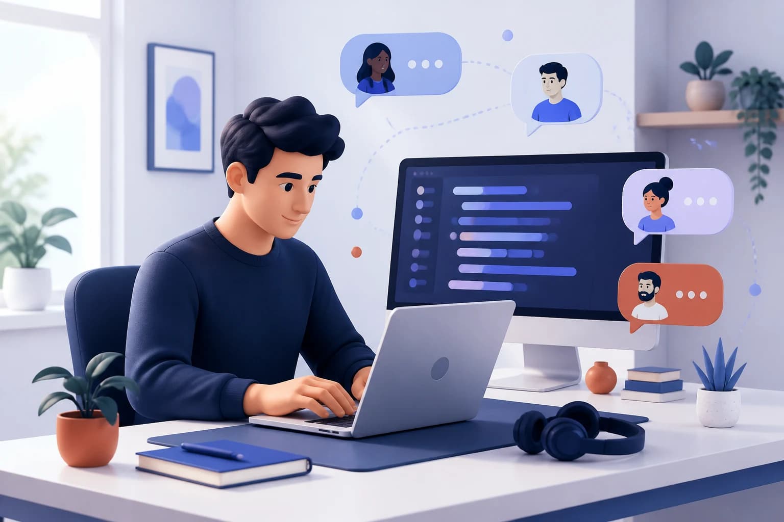 Freelance developer working at a modern dual-screen workstation