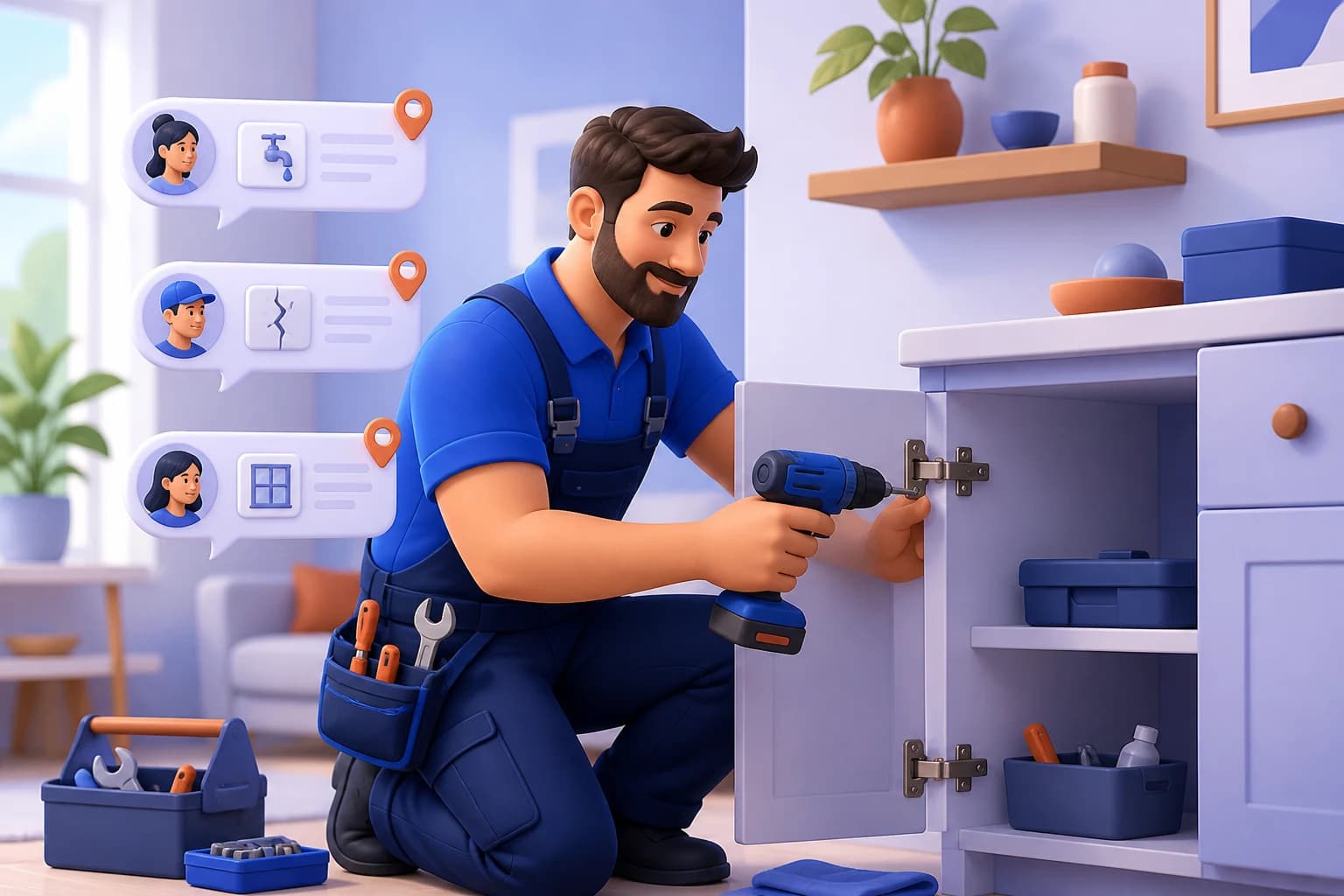Handyman repairing a cabinet hinge in a modern home