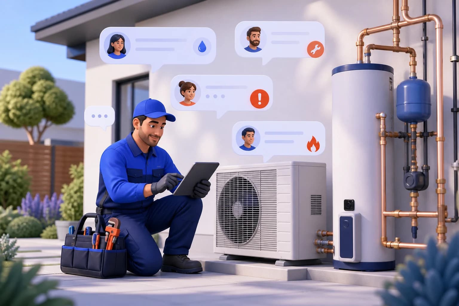 HVAC and plumbing technician inspecting home equipment with a tablet