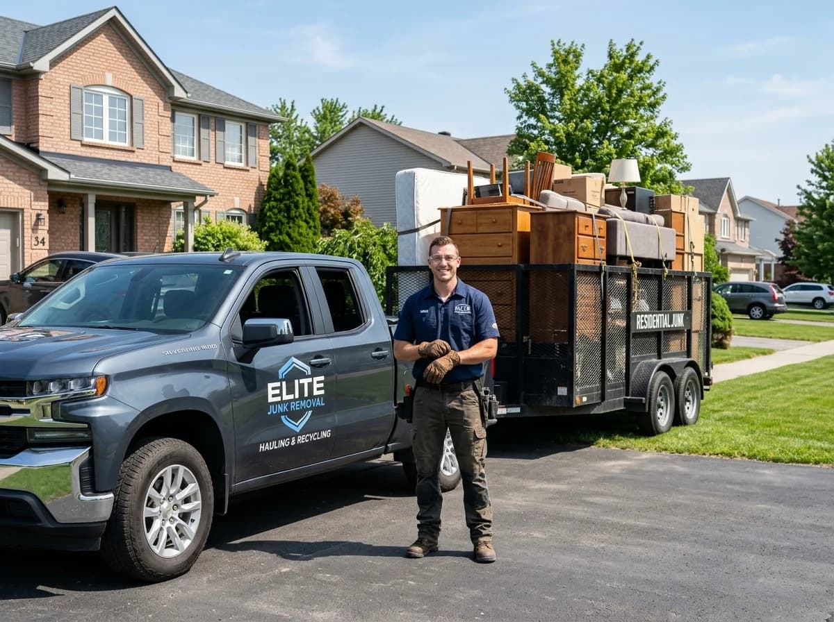 Professional junk removal hauler standing by a loaded trailer in a suburban driveway