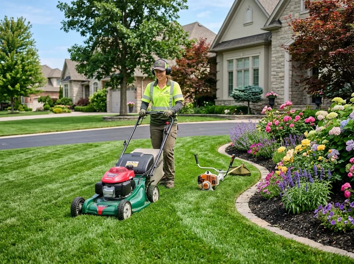 Professional landscaper mowing a lush residential lawn beside colorful flower beds