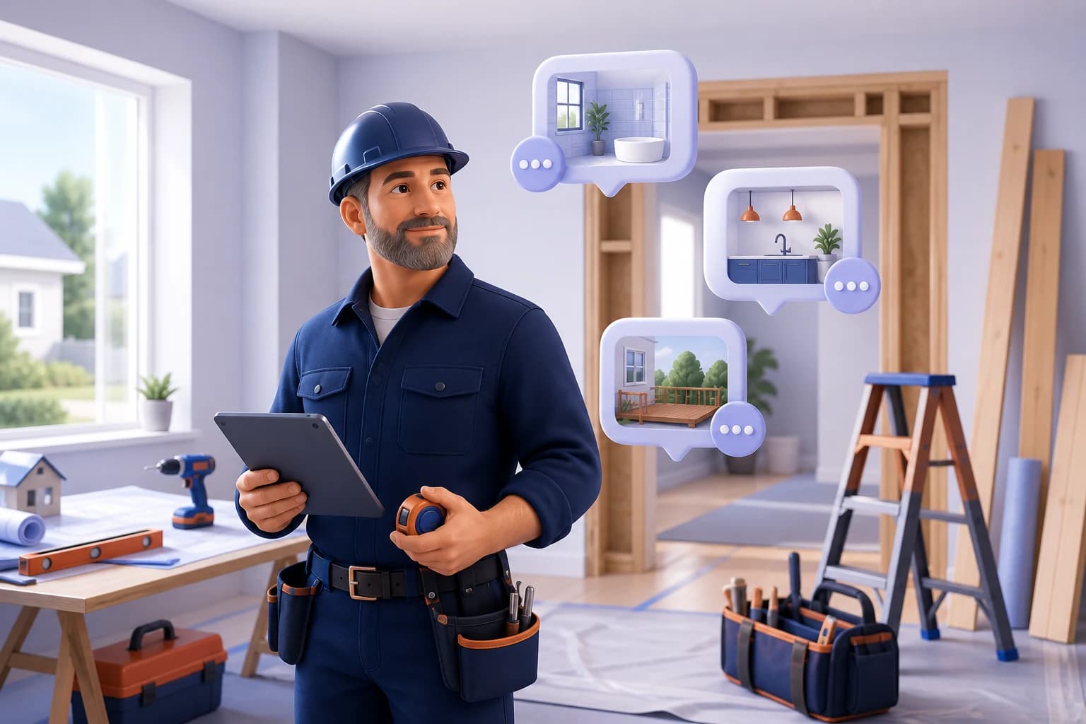 Local contractor reviewing renovation projects with a tablet