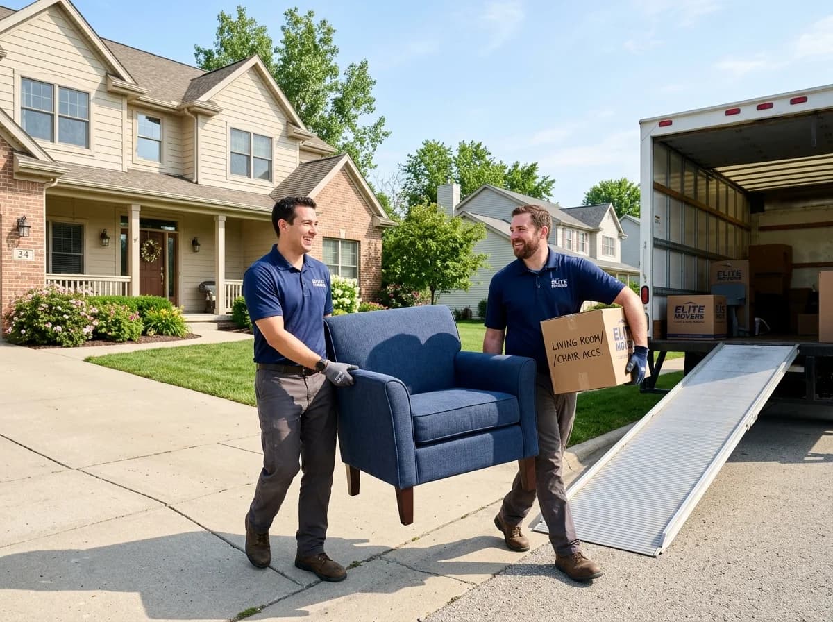Two friendly professional movers carrying furniture to a clean moving truck