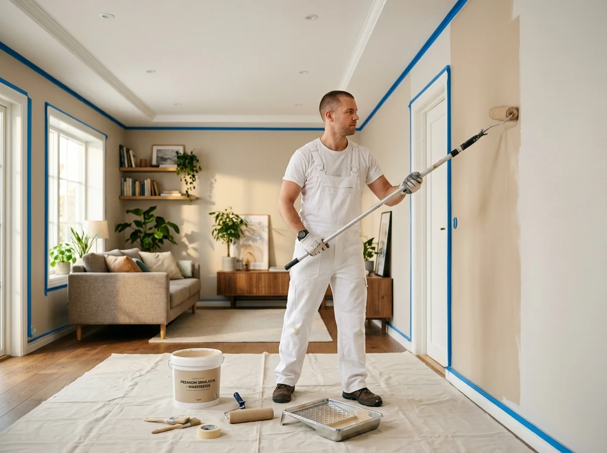 Professional house painter painting a clean interior wall in a modern living room