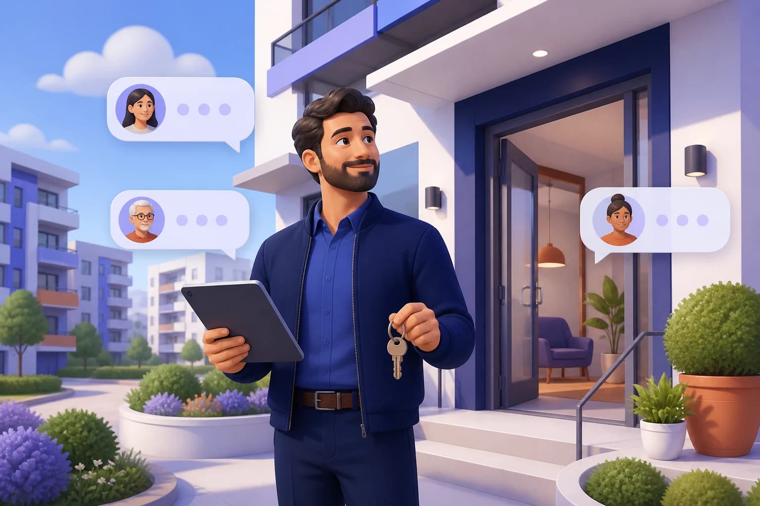 Property manager holding a tablet and keys outside an apartment building