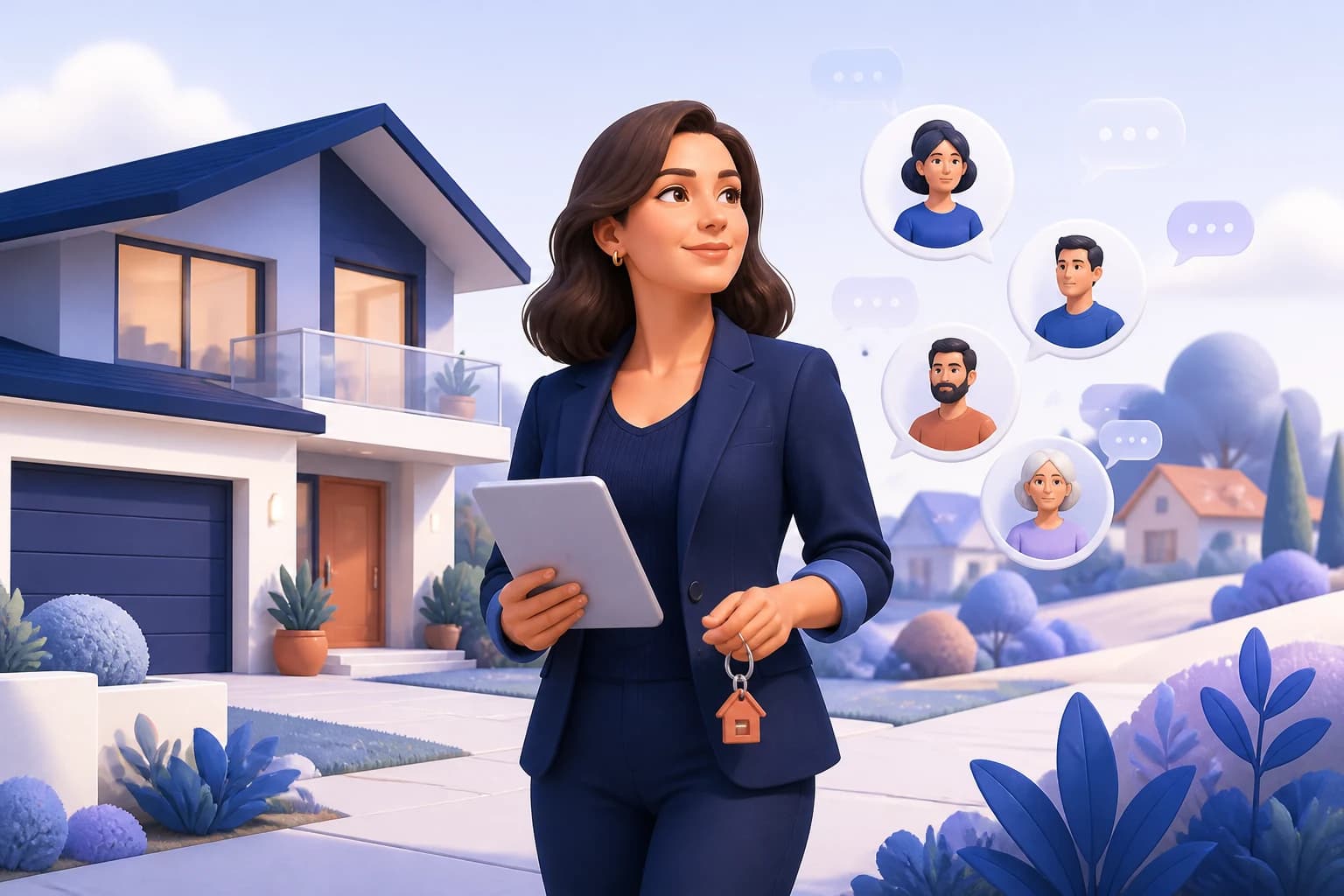 Real estate agent holding a tablet and keys outside a modern home