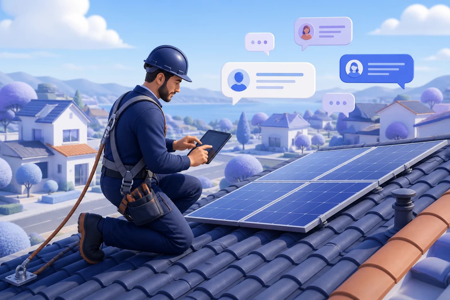 Roofing and solar professional inspecting panels on a residential roof